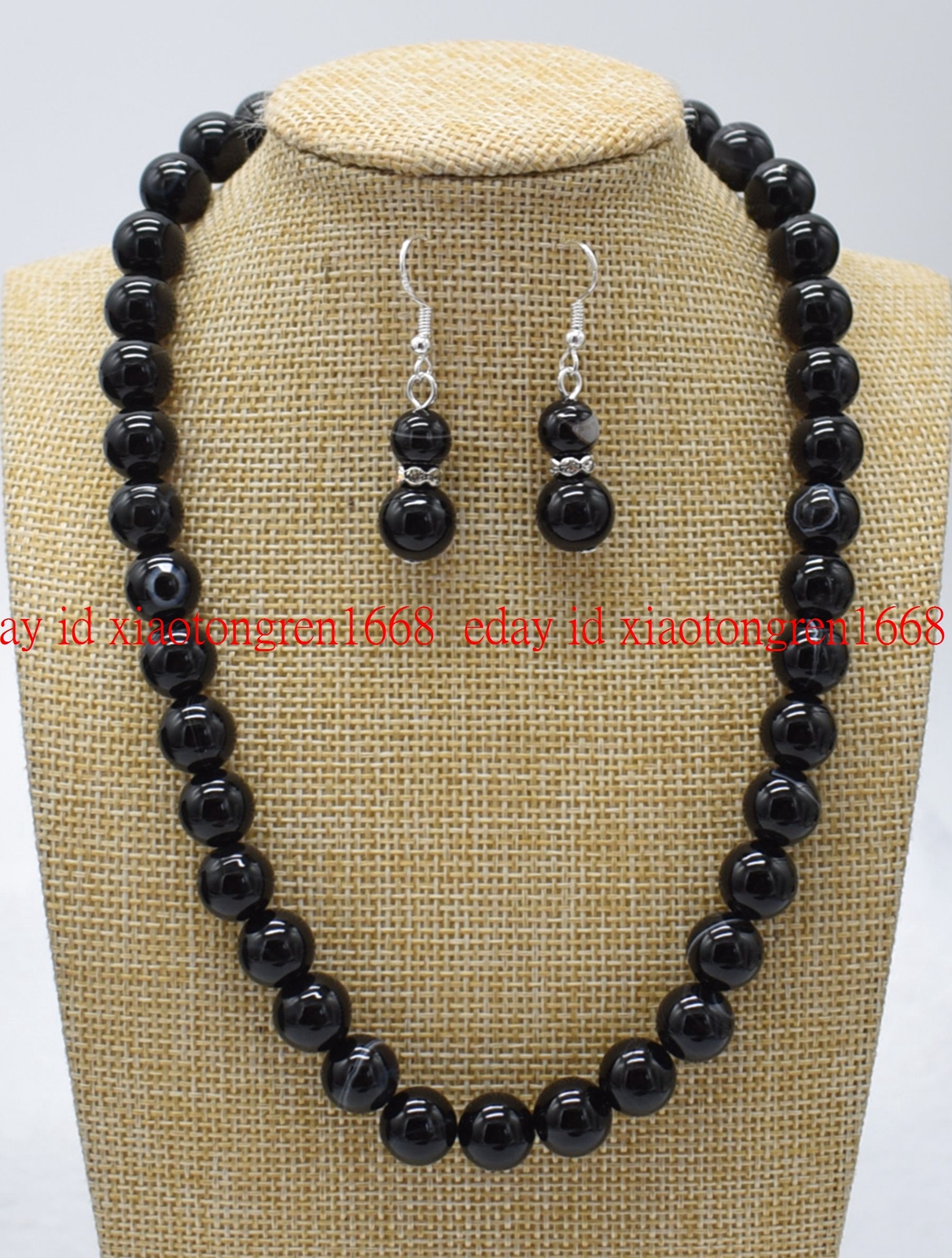 Fashion 10mm Black Striped Agate Gem Round Necklace 18-36″ Bracelet 7.5″ Earring