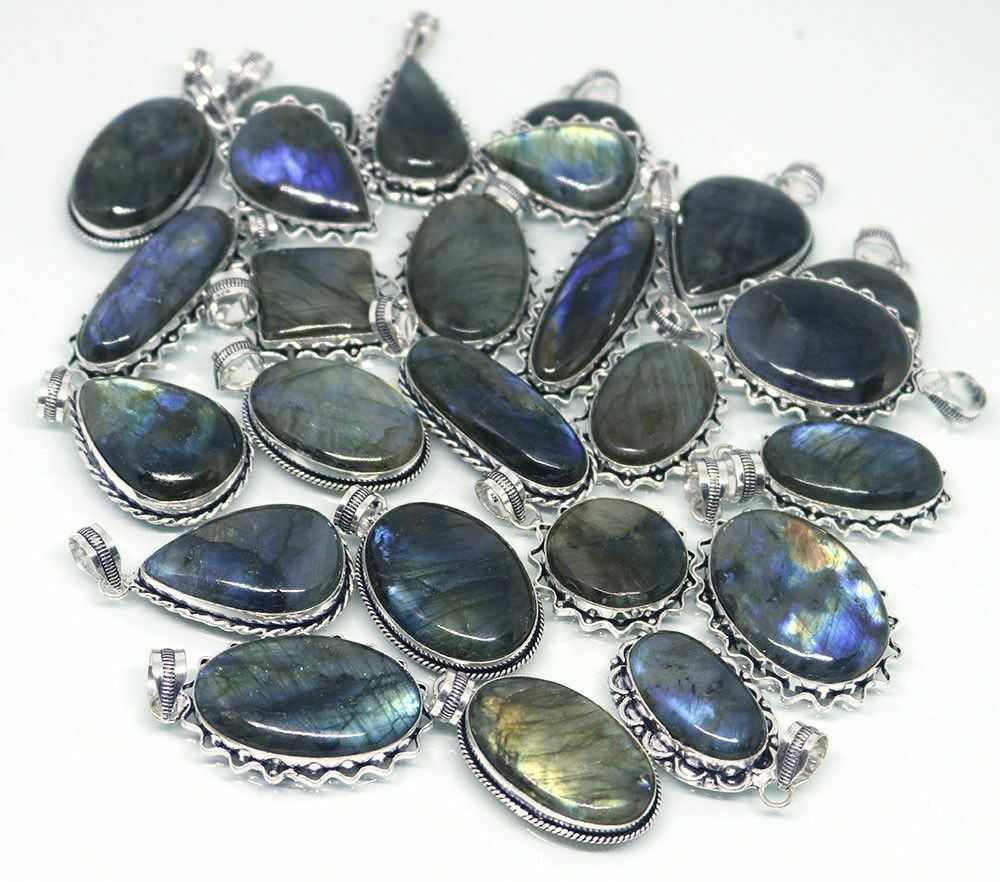 Fire Labradorite Gemstone 925 Sterling Silver Plated 20Pcs Pendants Lot Jewelry