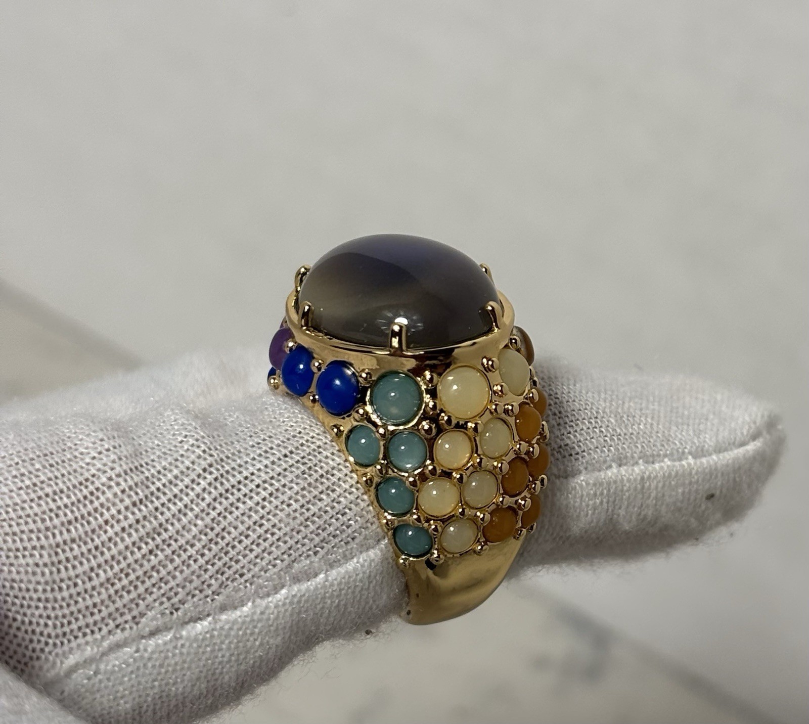 Statement Gold Tone Multicolor Cabochon Ring Size 8 Blue Stone New Box