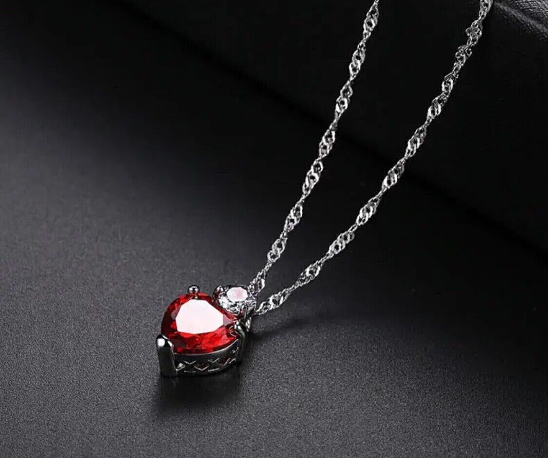 Garnet Heart Jewelry Silver Love Necklace Crystal Pendant Valentine Gift