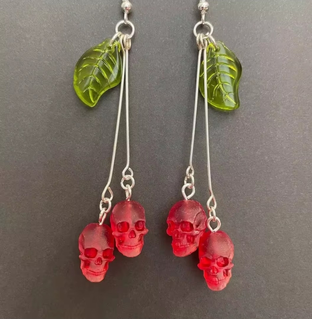 Silver Tone Red Skull & Green Leaf Charm Dangle Drop Earrings, Hook