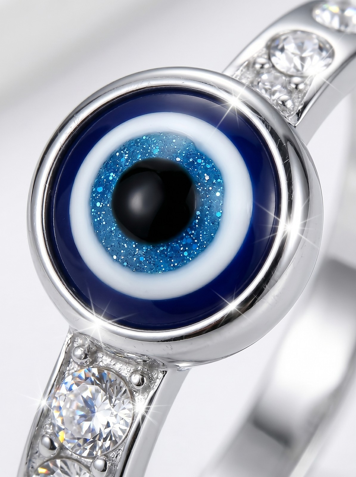 Evil Eye Protection Ring – Silver-Tone Talisman Band with Blue Enamel & Crystals