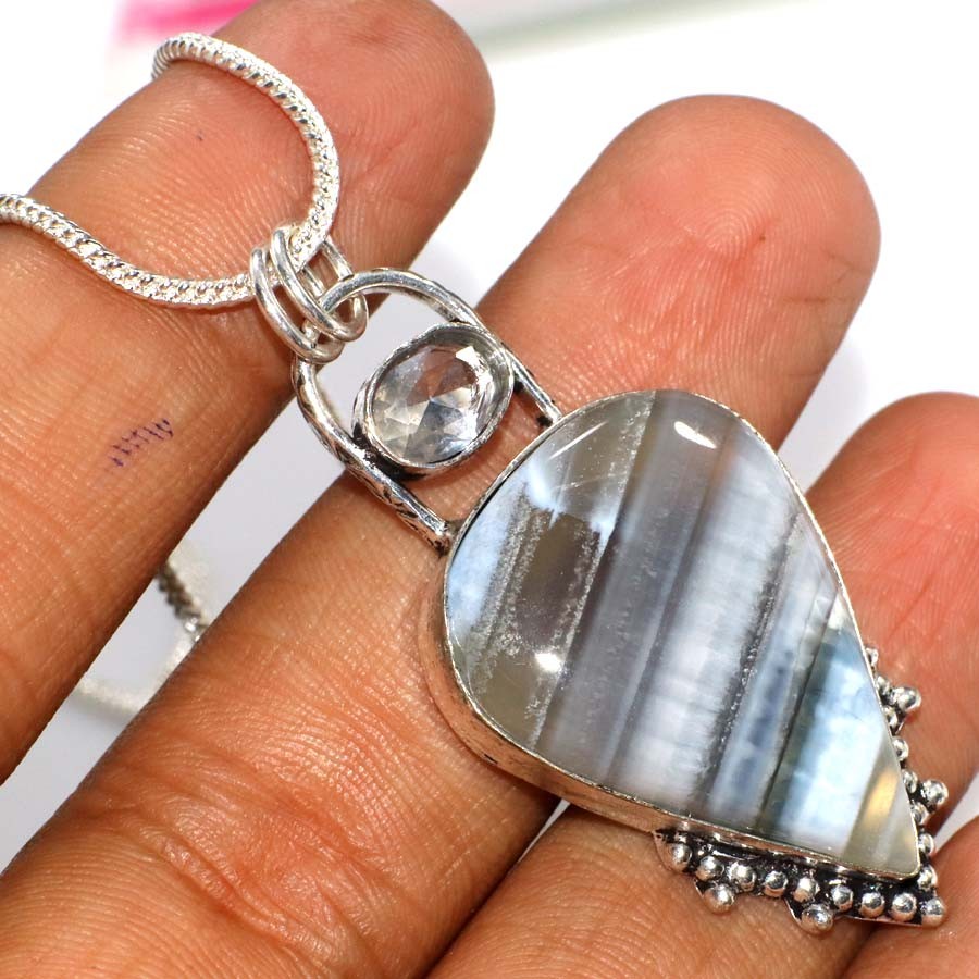 925 Silver Plated Long Owyhee Blue Opal White Topaz Necklace 18″ Gift Jewelry GW