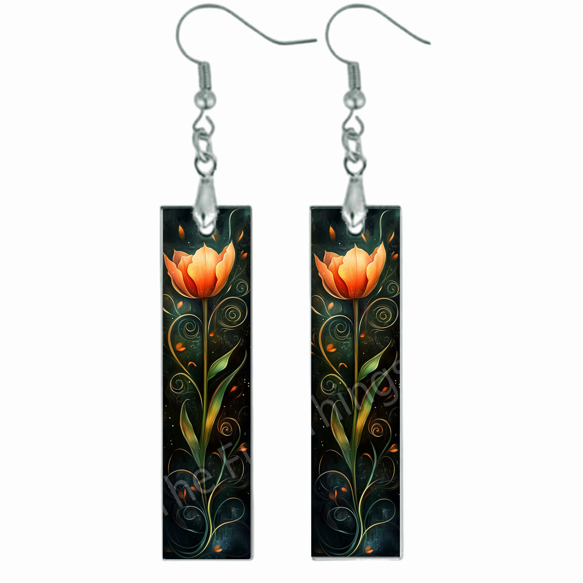Art Deco Tulip Earrings Wood Bar Floral Art Nouveau Style Original Art Print