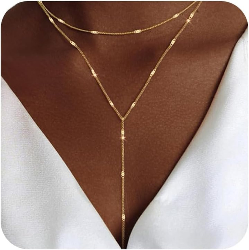Lariat Gold Necklace for Women Trendy Dainty 14K Gold Plated/Silver Layered Chai