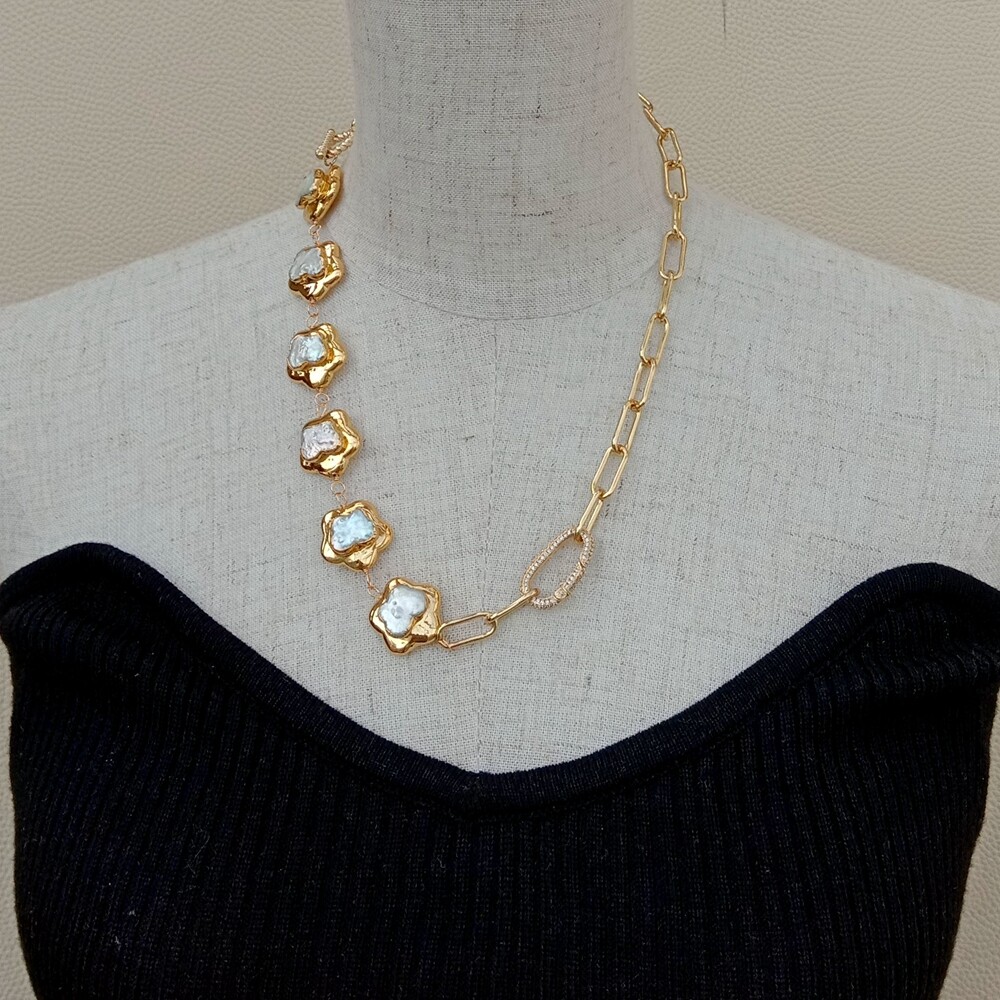 Cultured White Keshi Flower Pearl Chain Necklace 20″