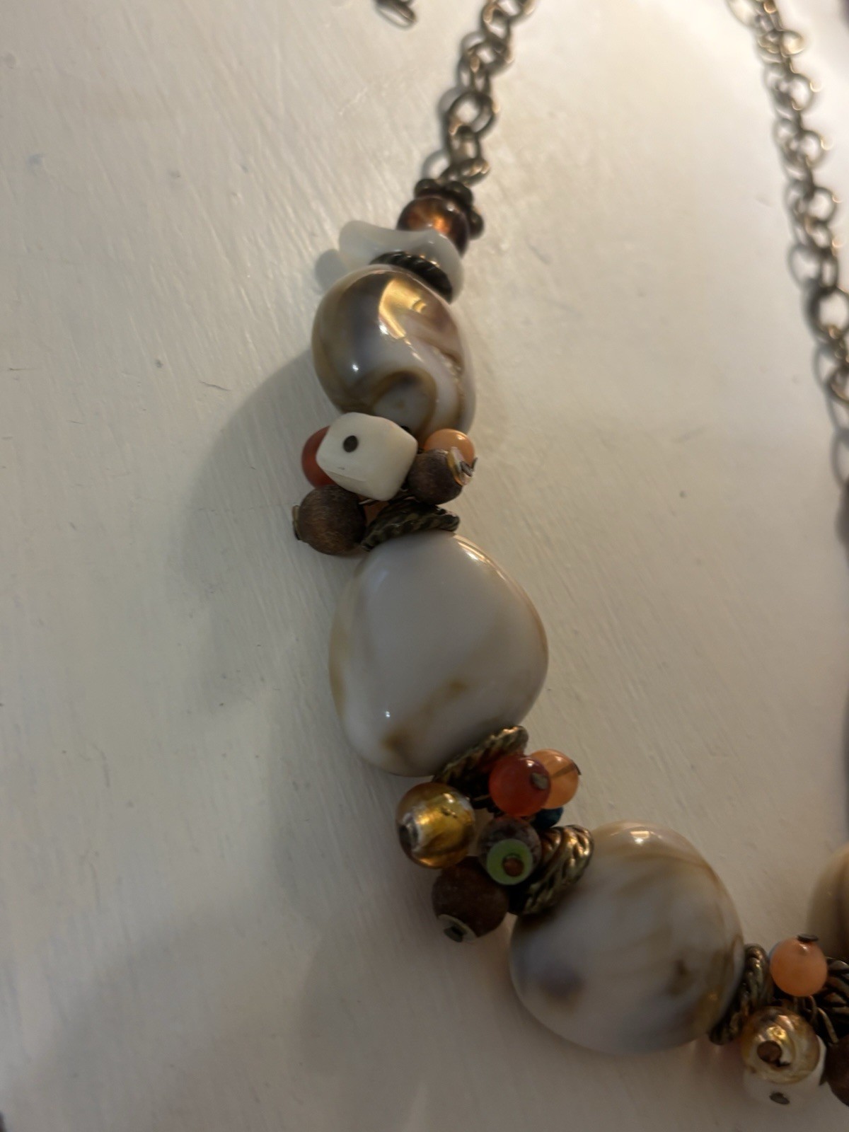 Vintage Multicolor Agate Beaded Cable Chain Necklace White Brown Oval Beads