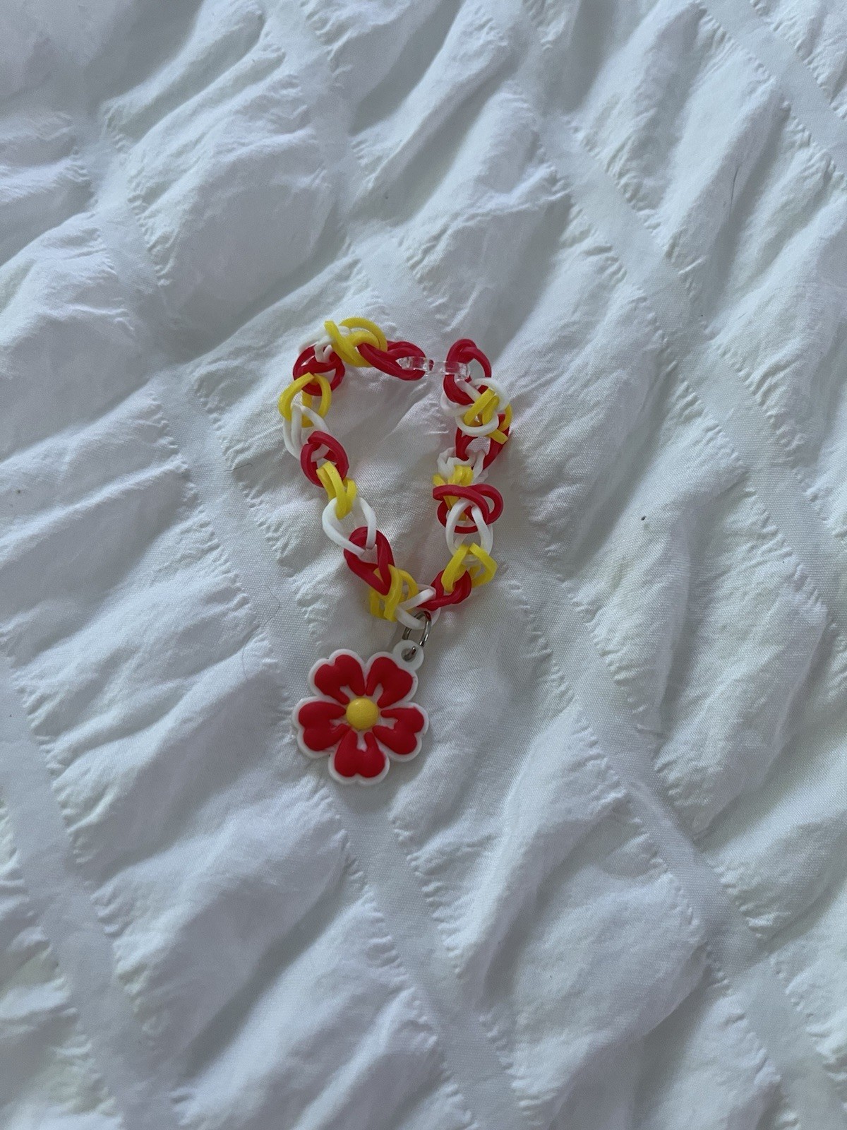 Red, Yellow & White Rubber Cord Charm Bracelet w/ Dangle Flower, No Stone