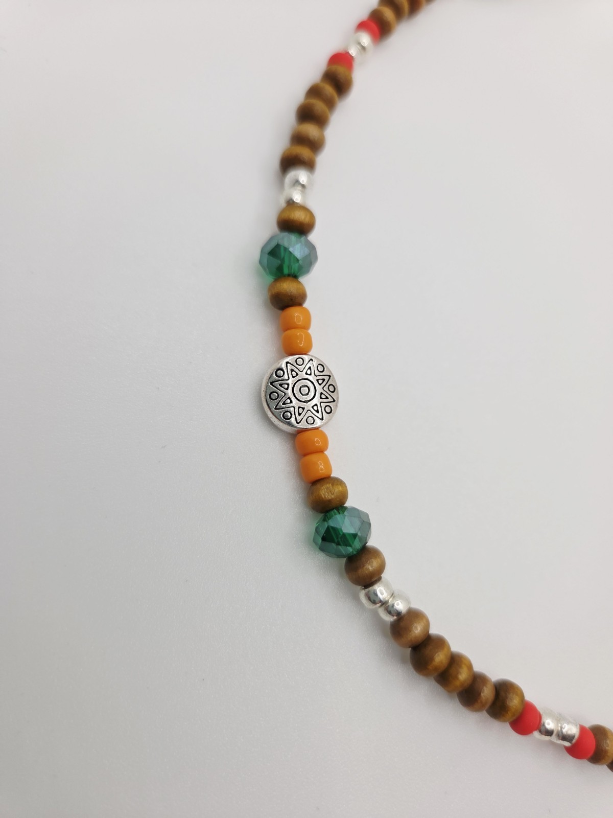 Beaded Necklace Wood Glass Beads Bohemian 18 Inches Lobster Clasp Green Red Boho