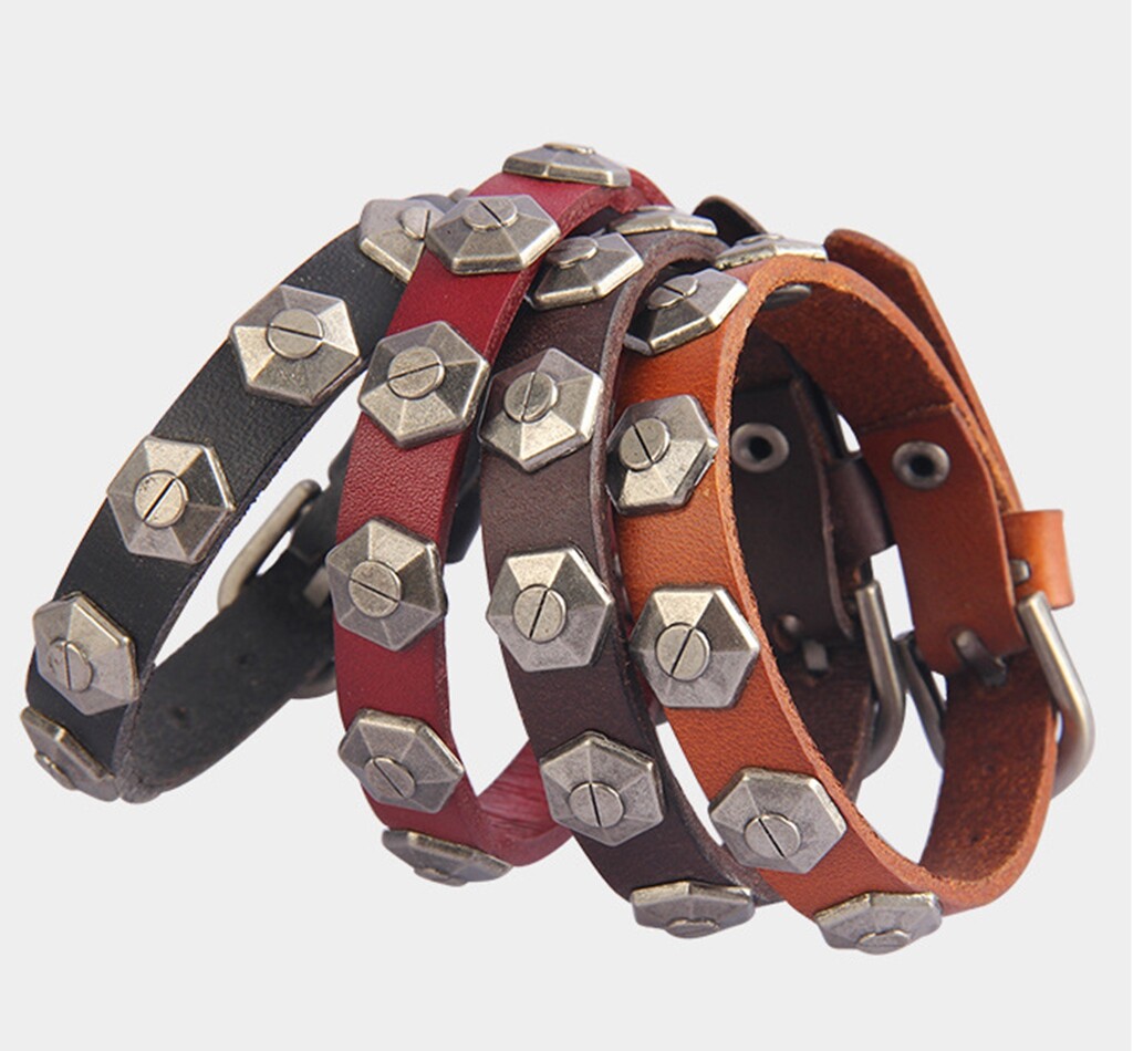 MEN / Women Vintage Hexagonal Screw Genuine Leather Wristband Bracelet 6.5-8.5″