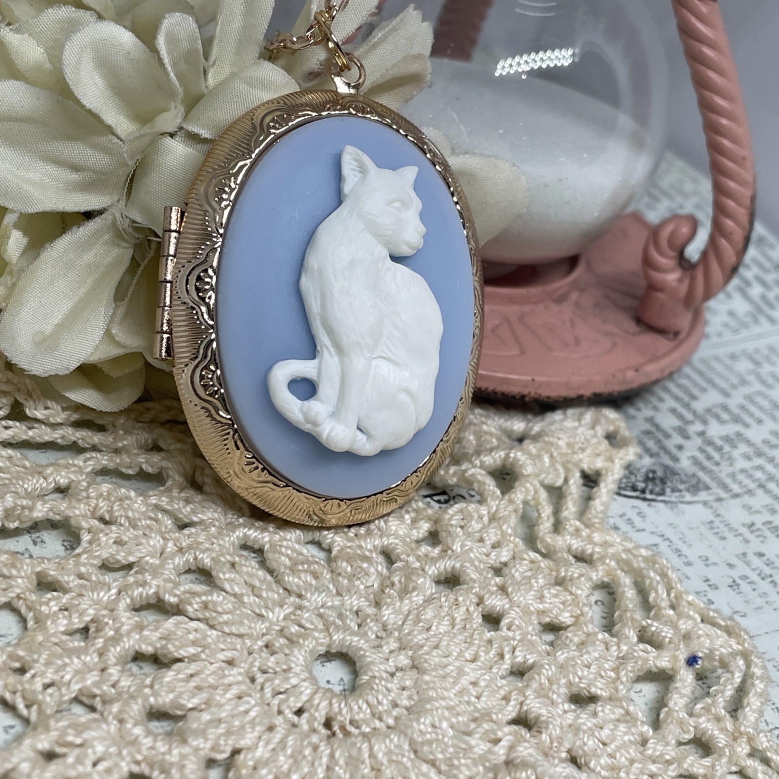 Rose Gold Blue Gothic Cat Photo Gift Cameo Locket Necklace anniversary birthday