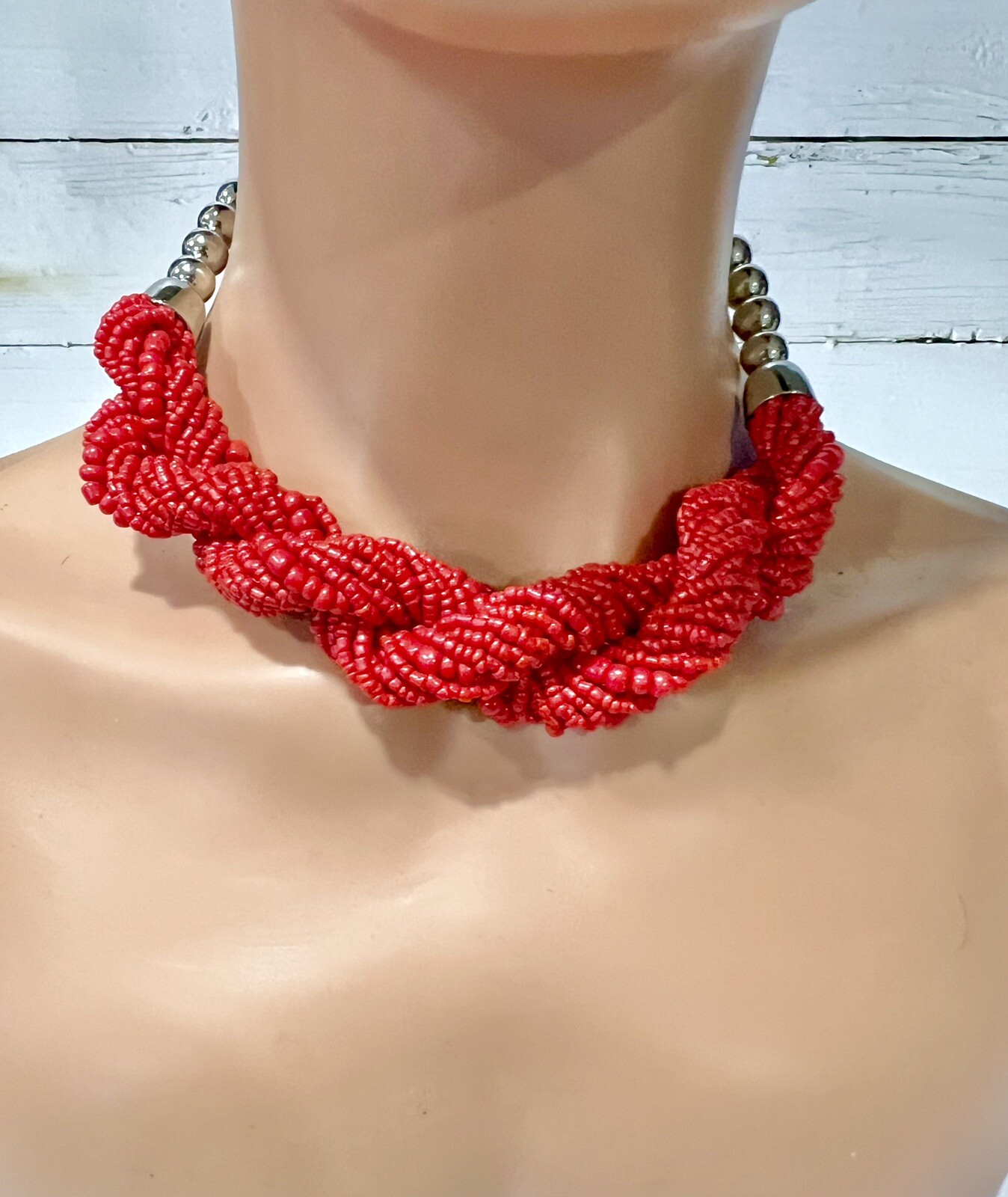 New Red Coral Seed Bead Twisted Necklace 16 inches W/ adjustable 3 Inch Extender
