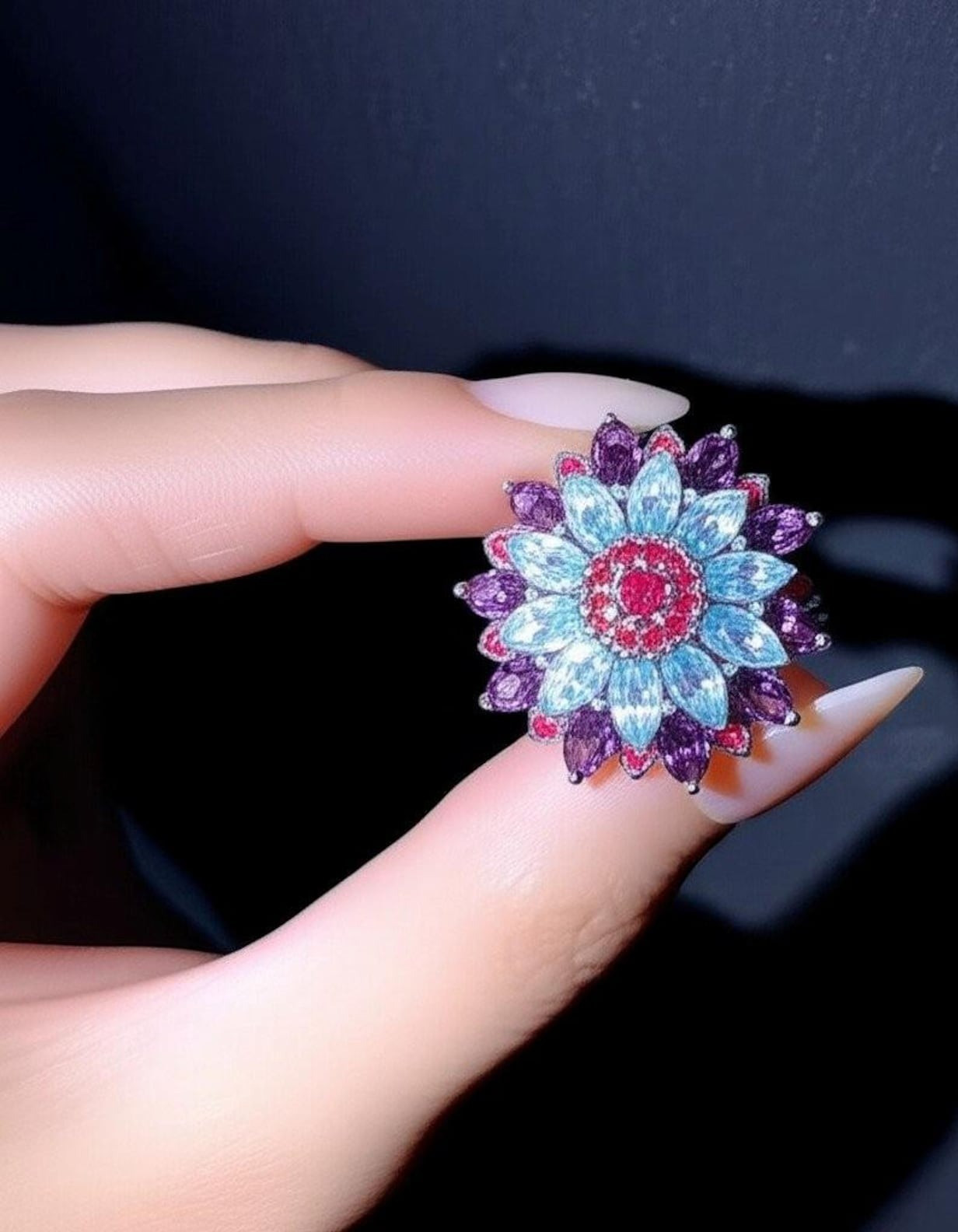 925 Sterling Silver Ruby &Amethyst Aquamarine Gemstone Ring Gift For Anniversary