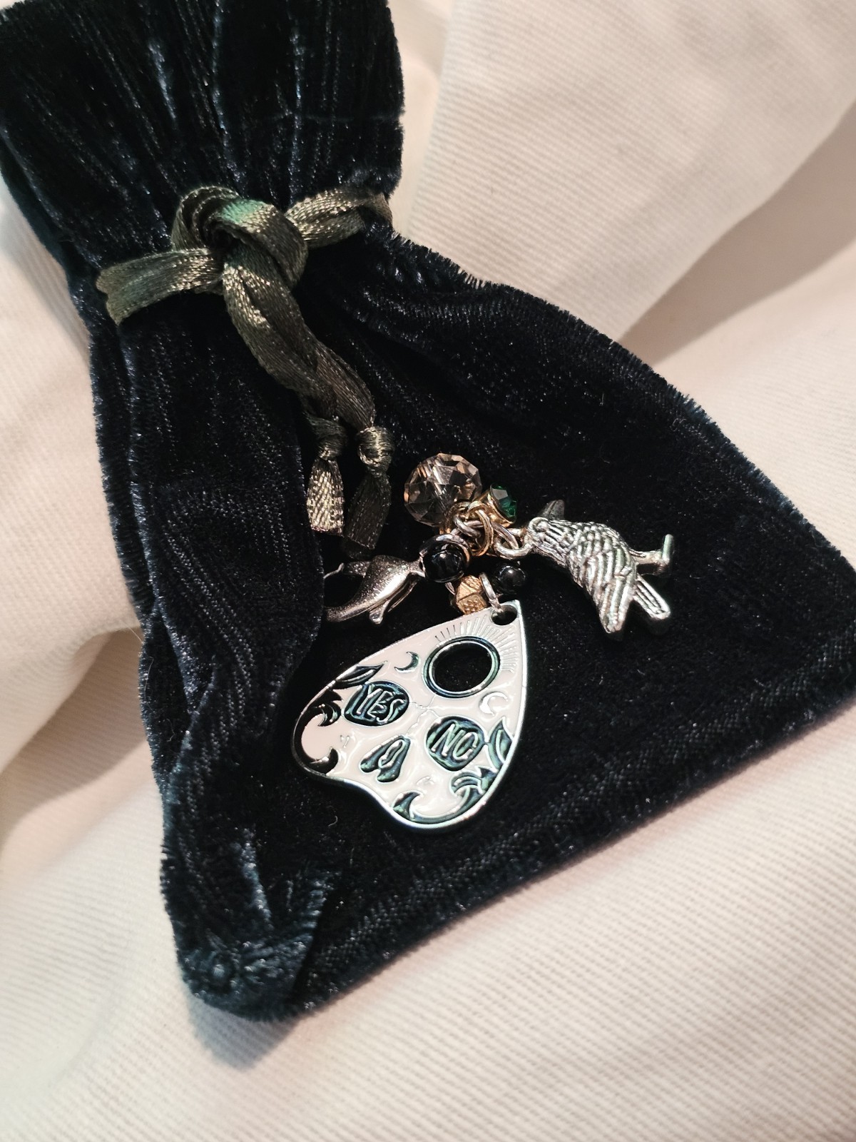 Silver Crow Planchette Dangle Charm Lobster Clasp Crystal Velvet Set