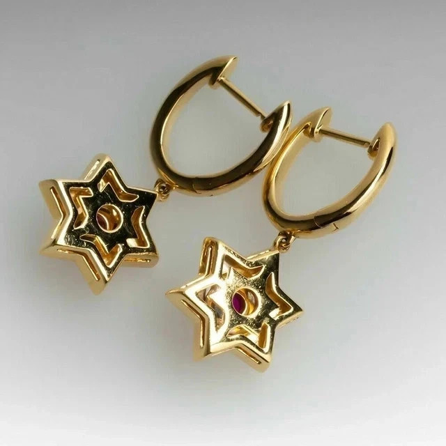 Dangle Star Earrings Simulated Round Ruby 925 Silver 14K Yellow Gold Plated