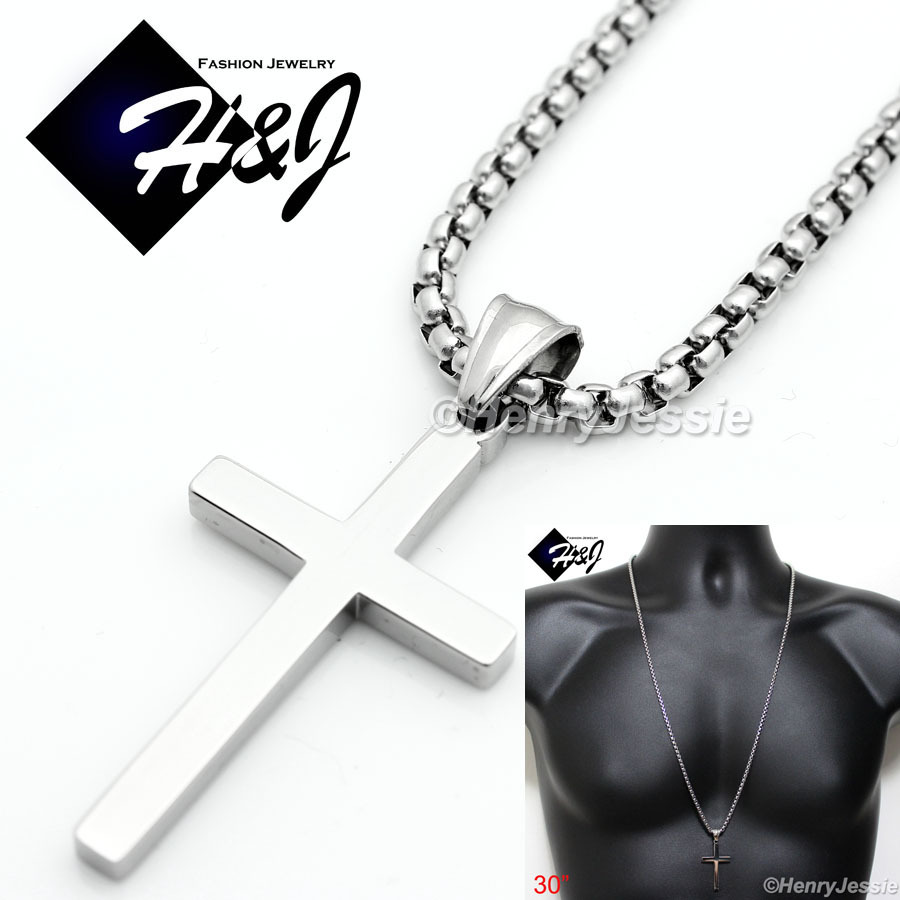 30″MEN Stainless Steel 2mm Silver Smooth Box Chain Necklace Cross Pendant*SP
