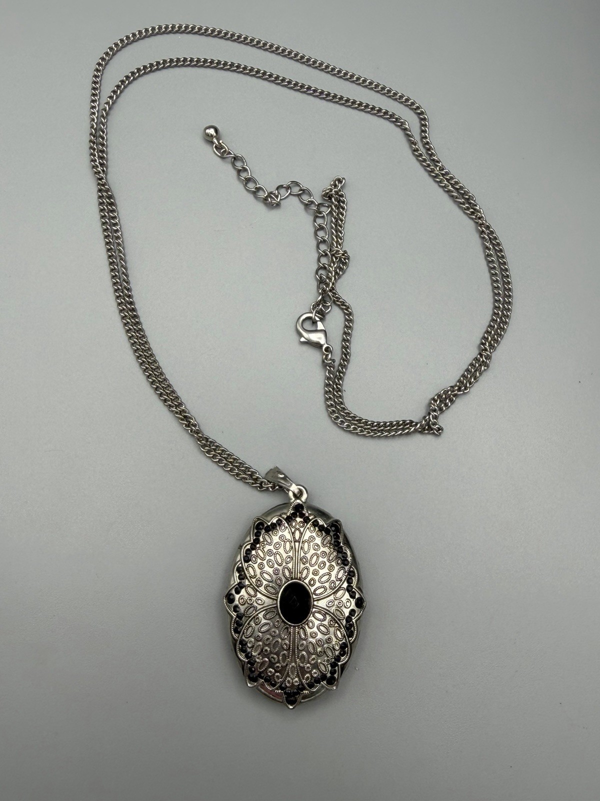 Silver Tone Black PlasticnCrystal Filigree Statement Oval Pendant Necklac