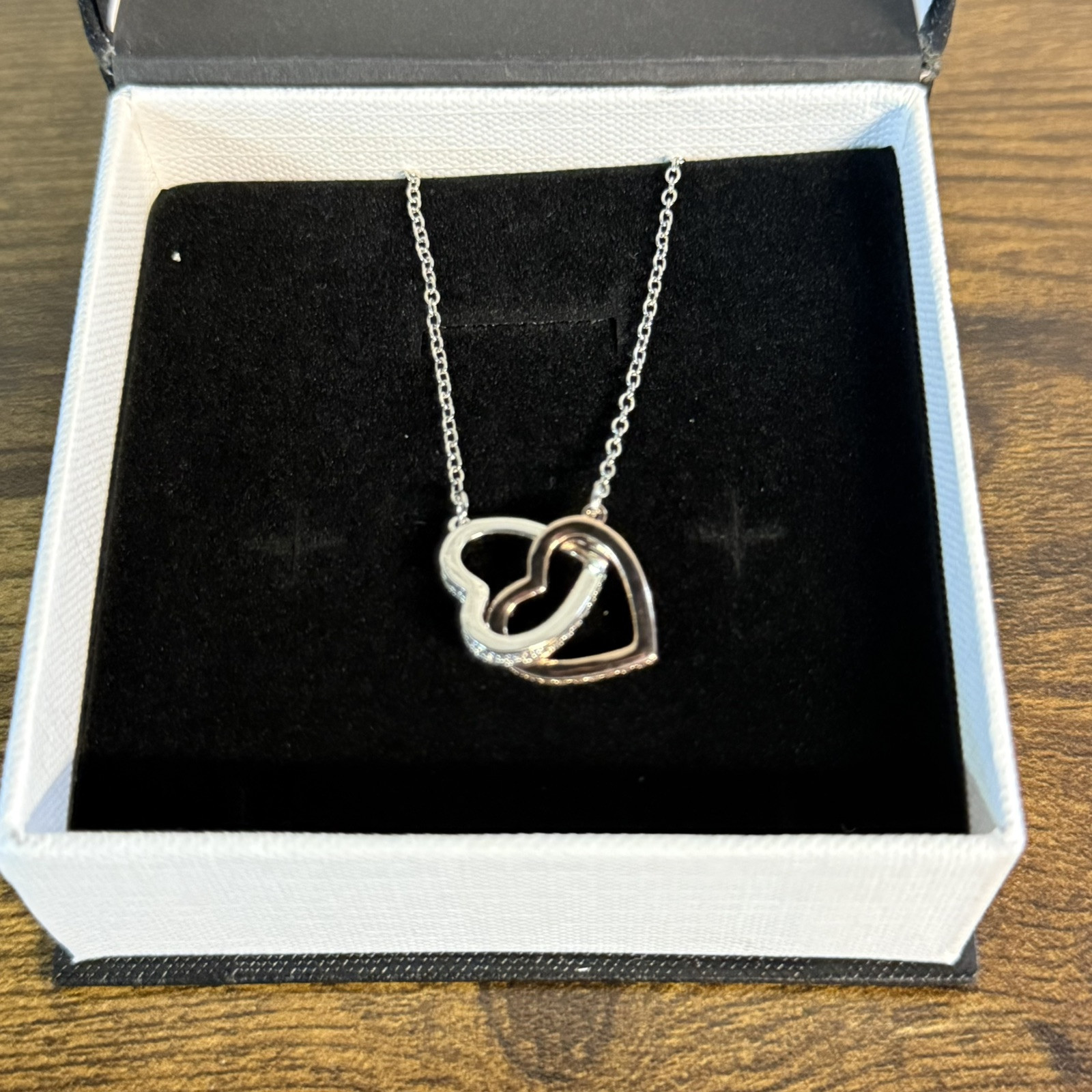 NEW – Linked Hearts Pendant Necklace Gift – Mixed Metals – Rhinestones