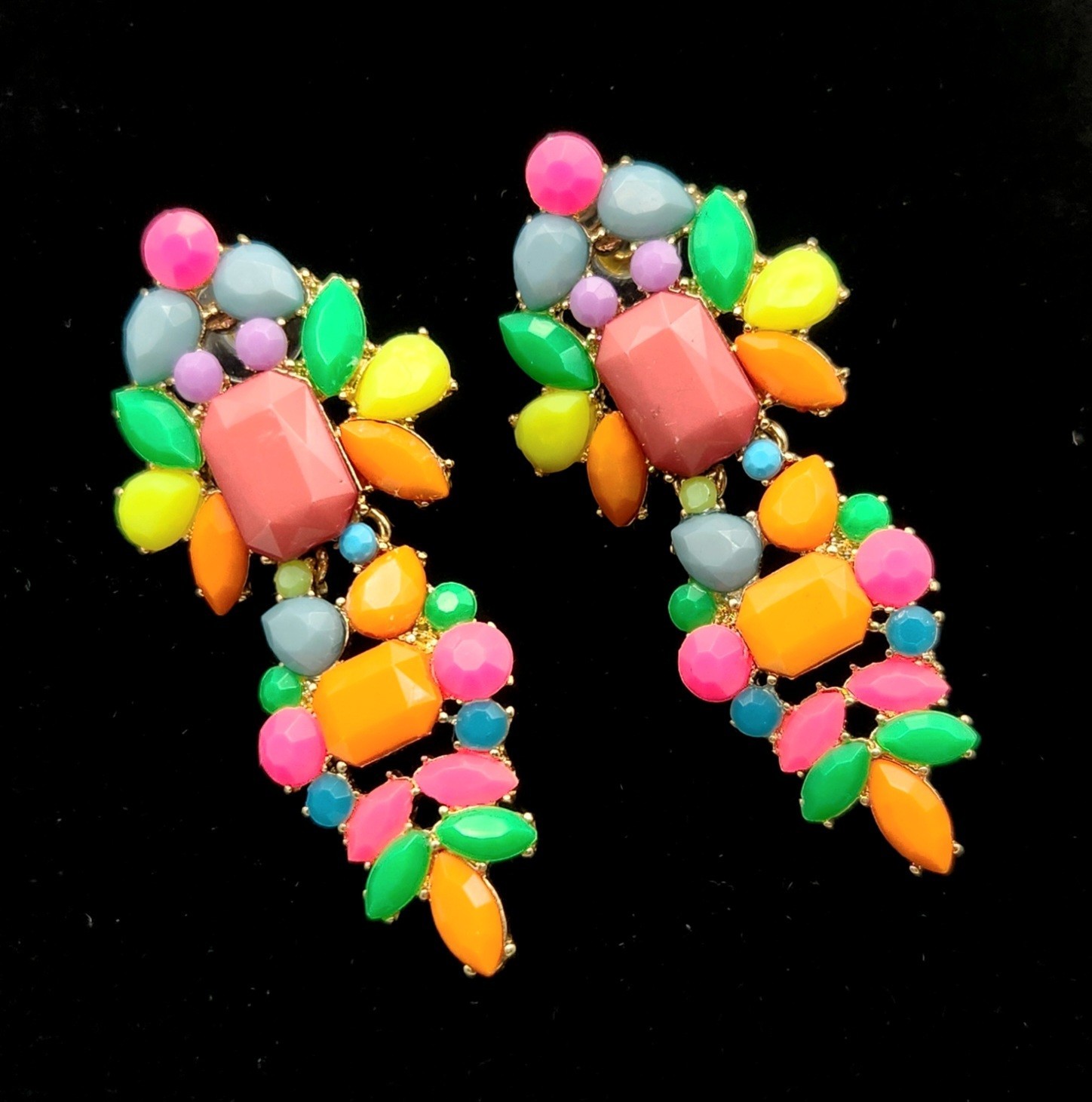 Colorful Neon Statement Dangle Earrings Multicolor Resin Gold Tone Boho Festival