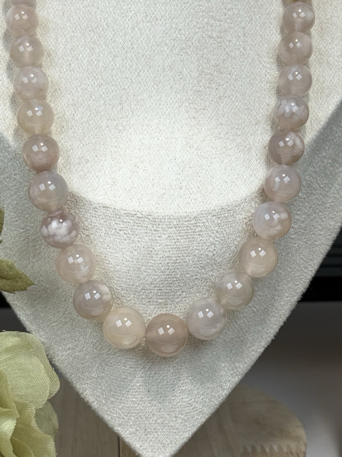 Flower Agate Pale Pink 22IN Twist Closure Bead Necklace 5-12MM