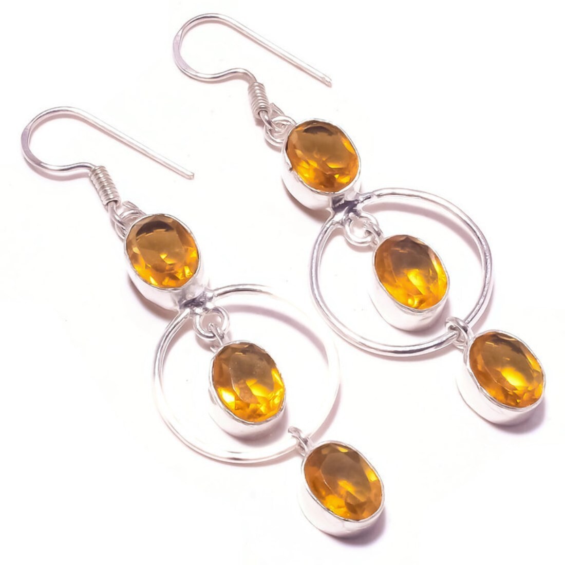 Gigantic Eye Clean Citrine Oval Gemstone Handmade Double Drop Dangle Earrings