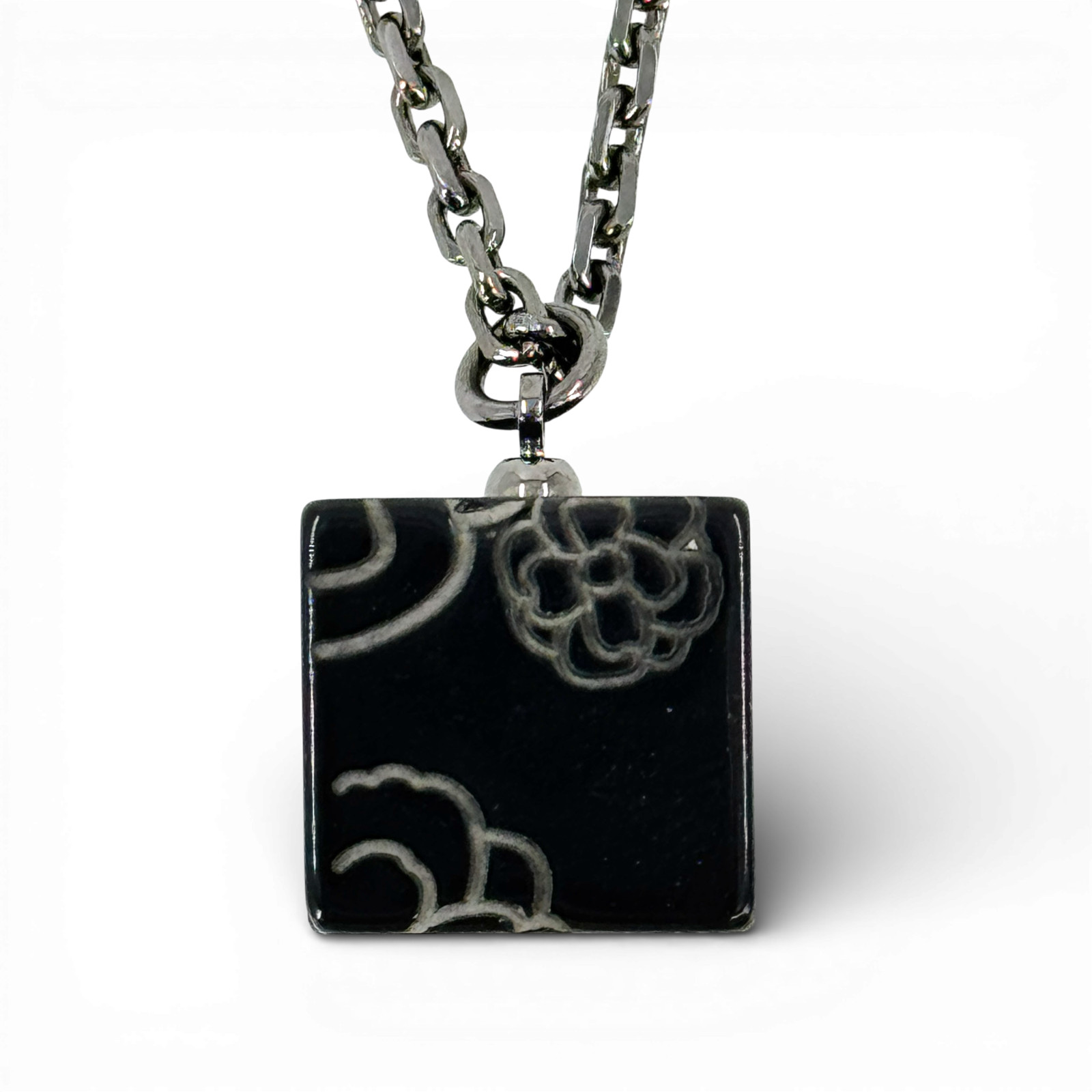 Auth CHANEL Camellia Black Square Pendant Chain Necklace 02A SRG725