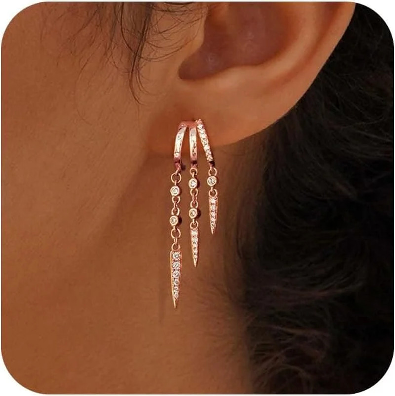 14K Gold Plated Triple Huggie Hoop Dangle Earrings for Women Chain Drop Stud