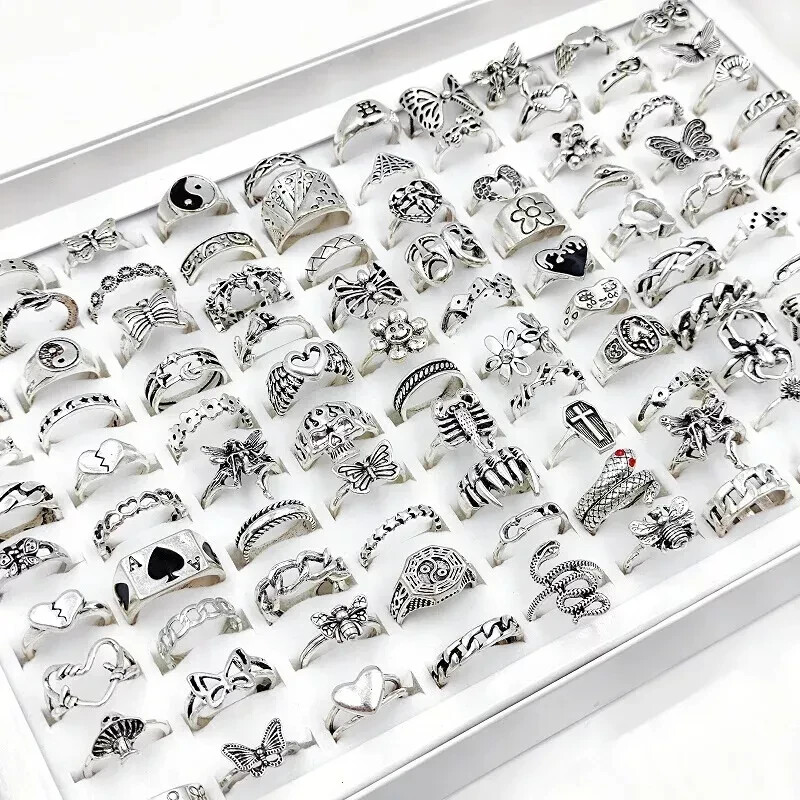 Wholesale 50 Antique Silver Mixed Vintage Rings Bulk Metal Gothic Jewelry Lots
