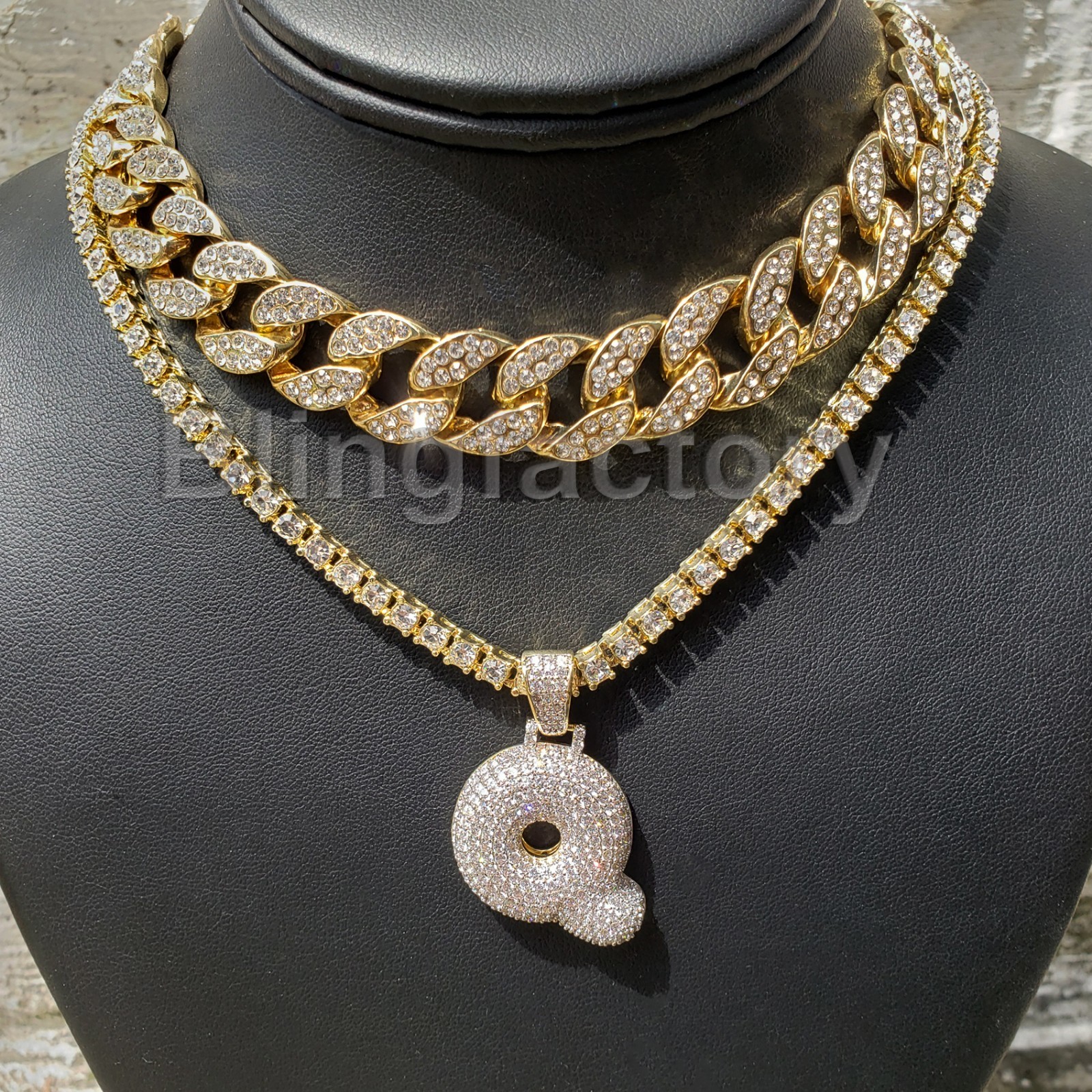 Bubble Initial “Q” Pendant & 18″ Full Iced Cuban & 1 Row Tennis Choker Chain Set