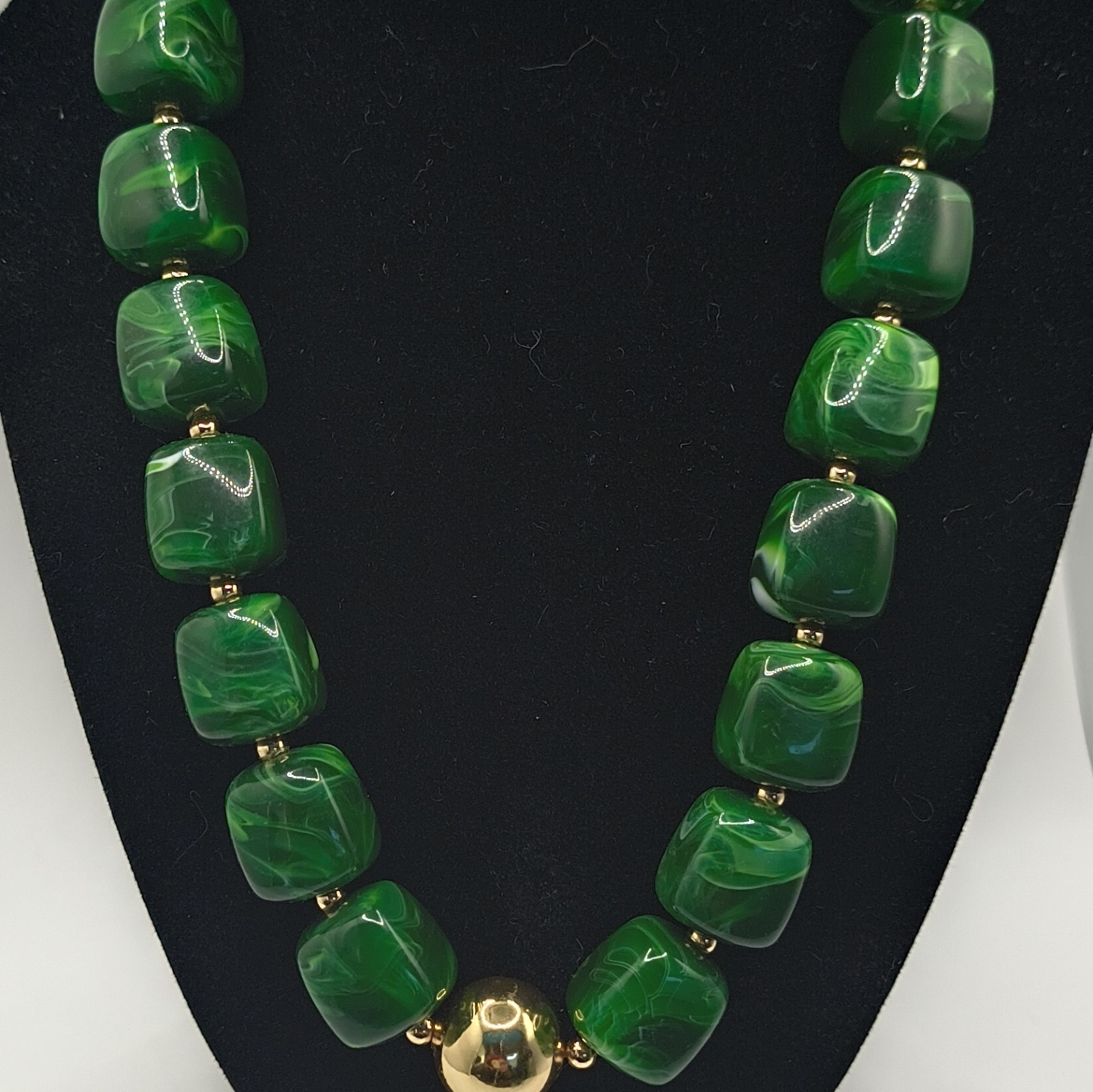 Green Beaded Statement Necklace Gold Tone Square Simulated Adjustable Lobster