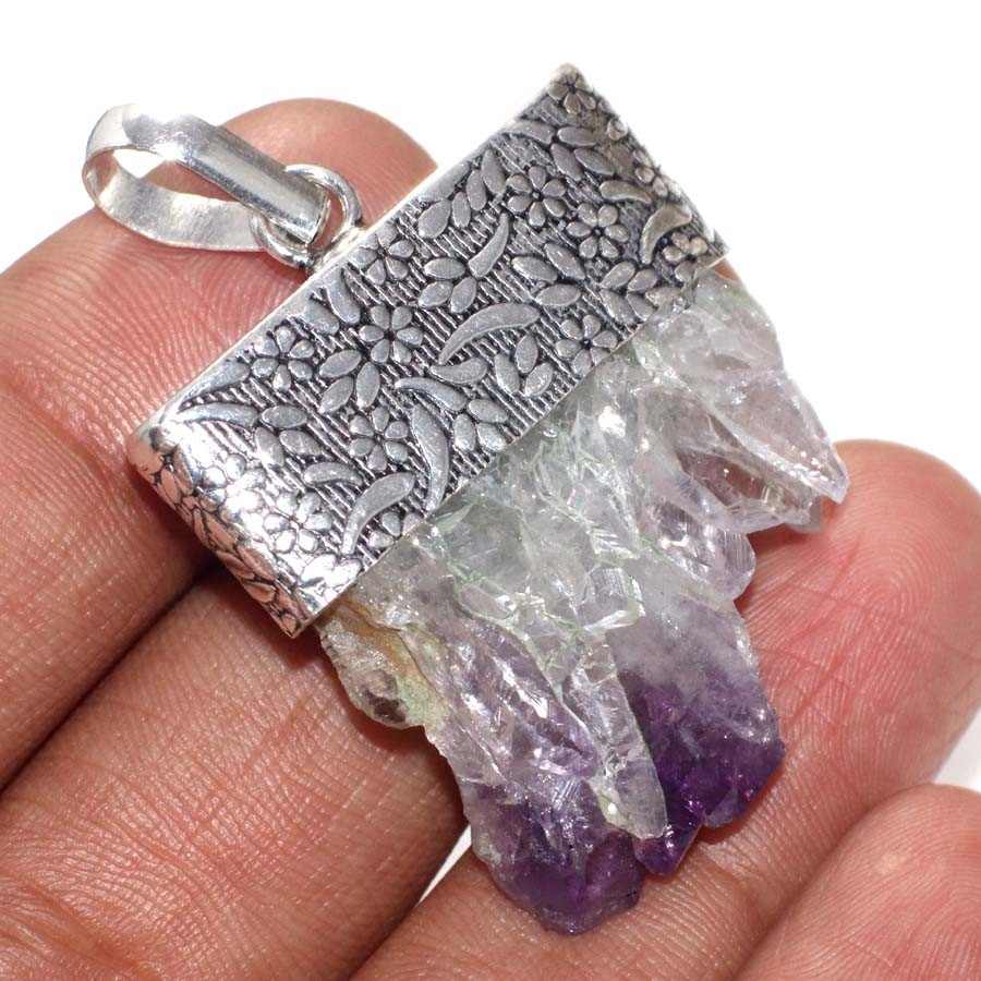 925 Silver Plated Dogtooth Amethyst Rough Pendant 2″ Budget Friendly Gift GW