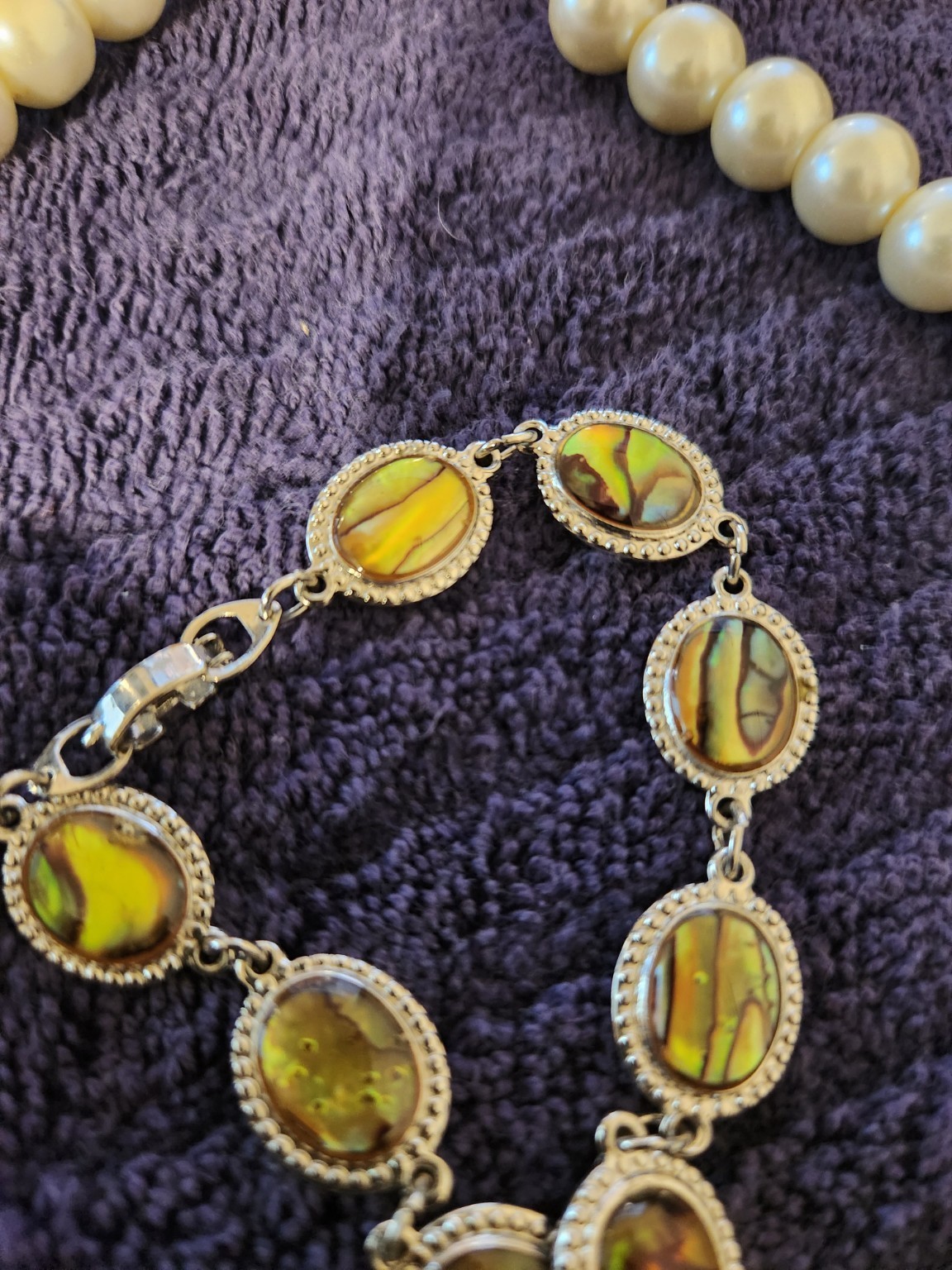 Fashion Jewelry Set – Faux Pearl Necklace, Abalone Style Bracelet & Crystal Earr