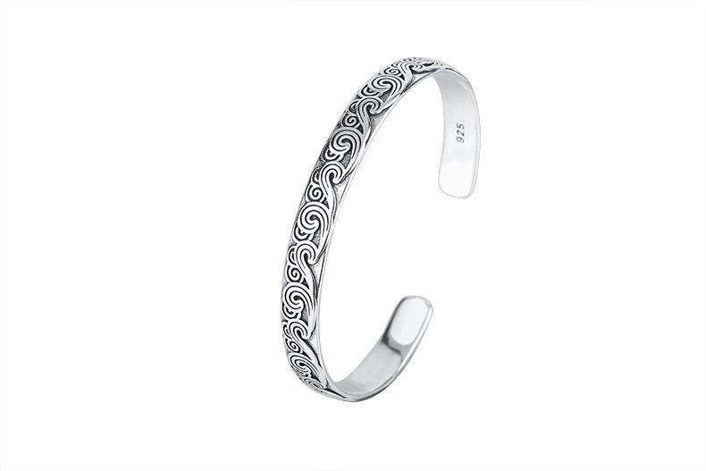 925 Sterling Silver Retro Wave Bangle Bracelet Fashion Open Cuff Jewelry Gift