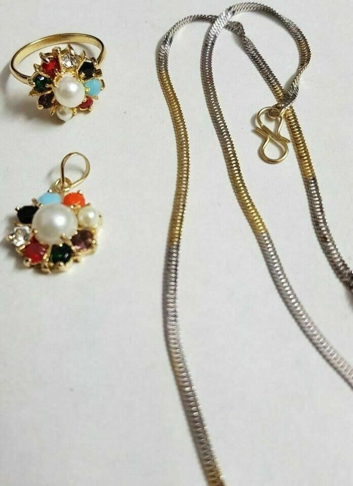 Navratan Attractive Combo Offer Earrings Pendant Chain Ring Cubic Zirconia AD GP