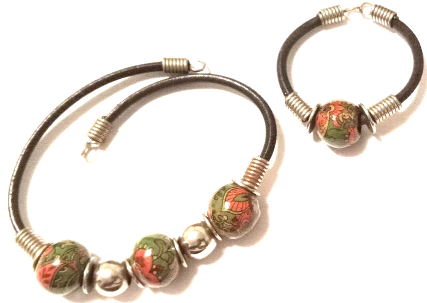 Leather Necklace & Bracelet Set With Ceramic & Steel Beads