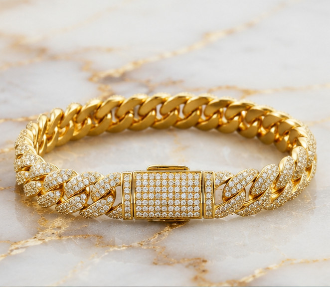 9Ct Simulated Diamond Elegant Wedding Cuban Link Bracelet 14K Yellow Gold Plated