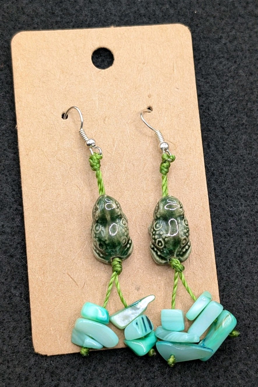 Women’s Artisan Stylish Cute Ceramic Frog 🐸 Beaded Drop Hook Earrings