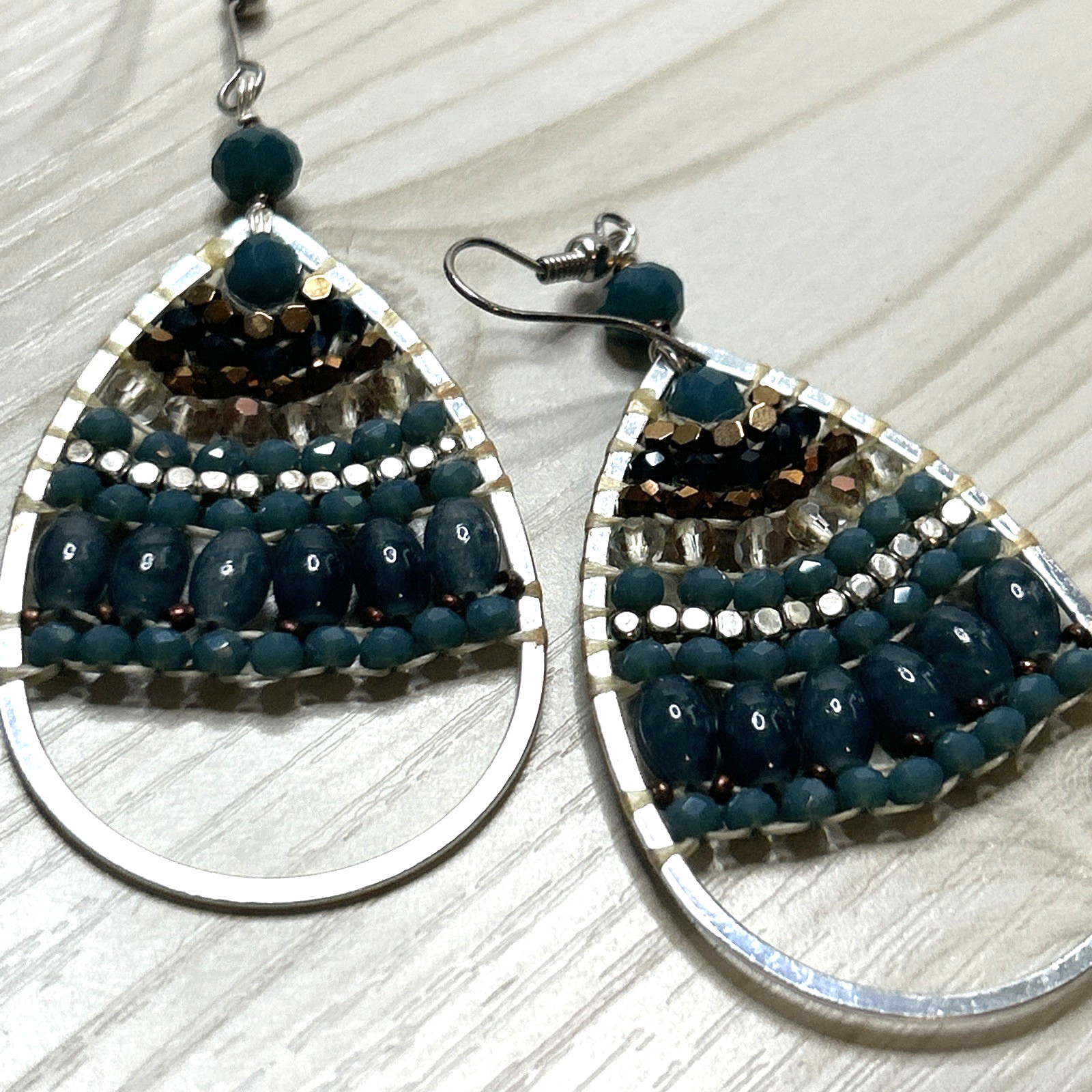 Vintage Boho Beaded Earrings Teardrop, Turquoise Beads, Wire Wrapped