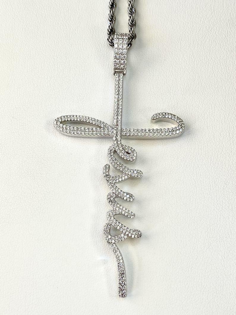 mens 0.28 ct RD simulated diamond Customized Style Jesus Name Pendant Free Stud
