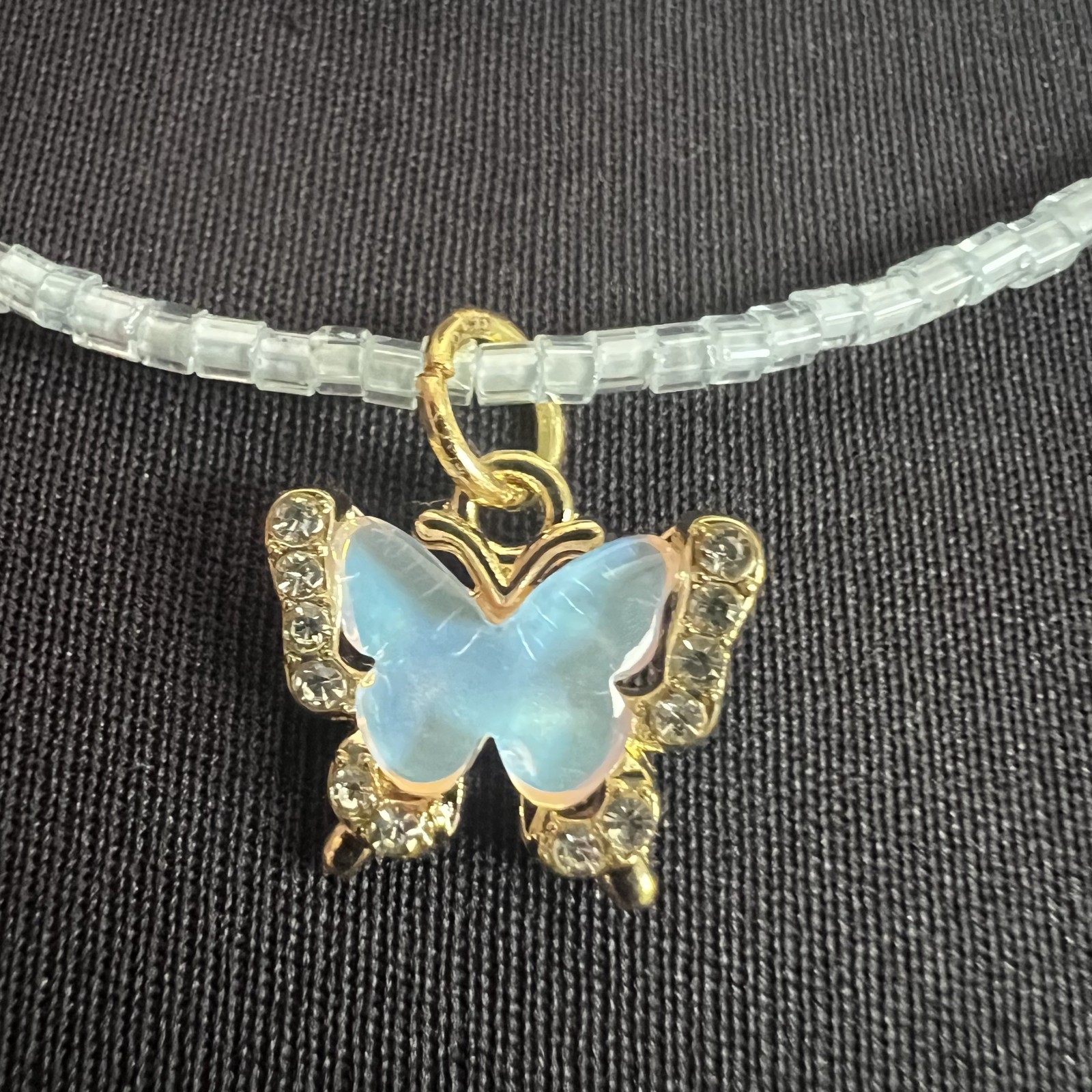 Handmade clear cube bead layered necklace choker gold tone rhinestone butterfly