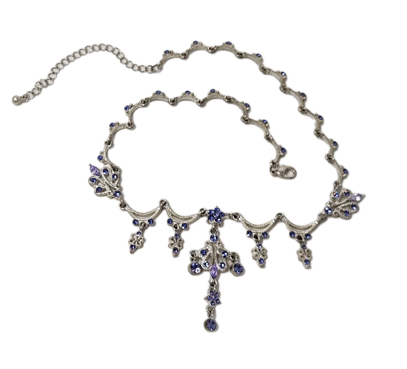 Purple Crystal Rhinestone Y-Drop Scalloped Necklace Silver Tone Fringe Dangle