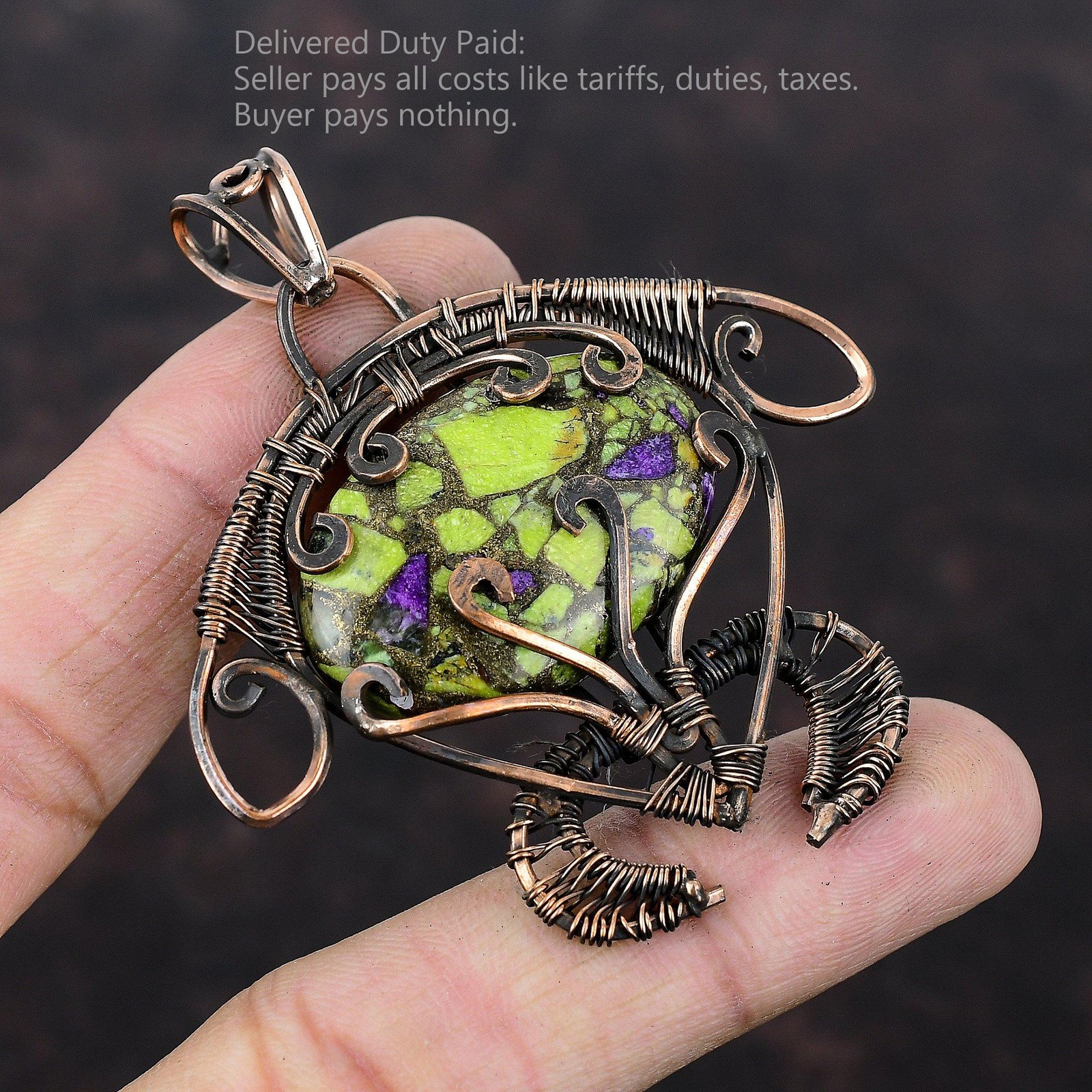 Oval Natural Copper Stichtite Artisan Wire Wrapped Tortoise Wife Pendant Copper