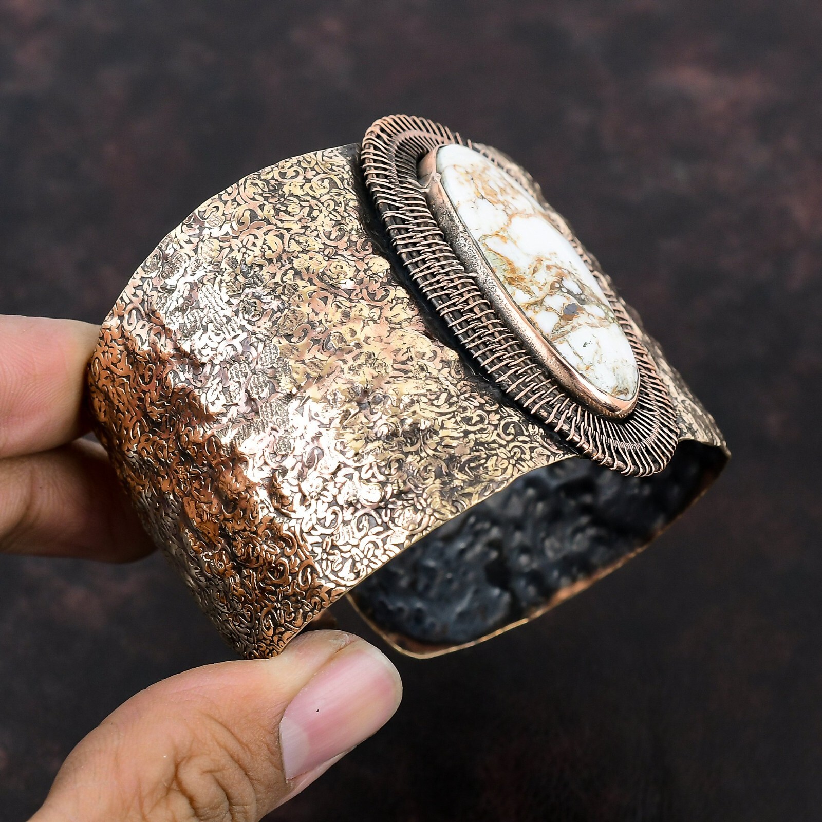 Wild Horse Magnesite Wire Wrapped Adjustable Bangle Handcrafted Copper Ethnic