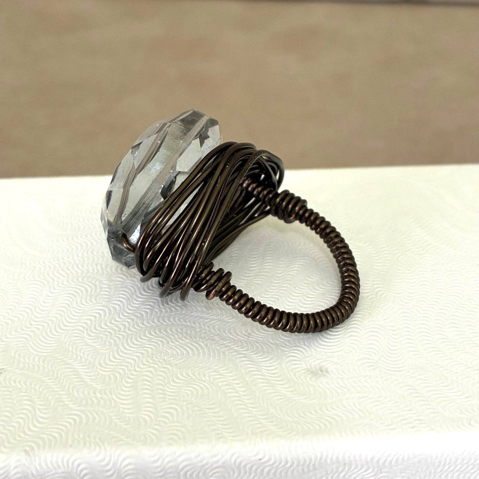 Artisan Smoky Grey Oval Faceted Glass Bead & Wrapped Bronze Wire Ring ~ Size 7-8