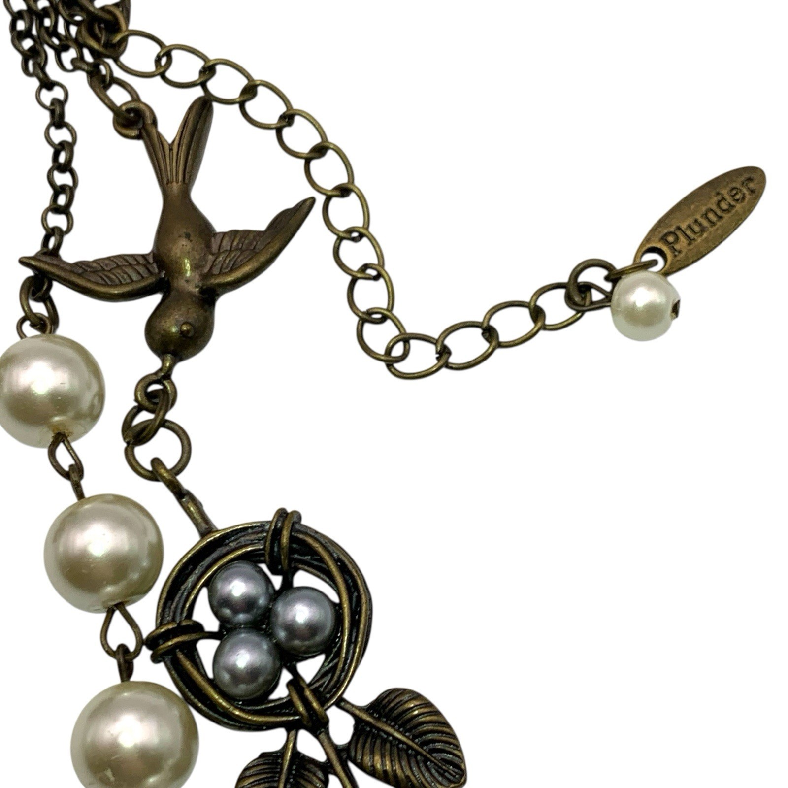 Plunder Bronze Tone 3D Bird Nest Gray Pearl Eggs Necklace And Earrings Set 17”