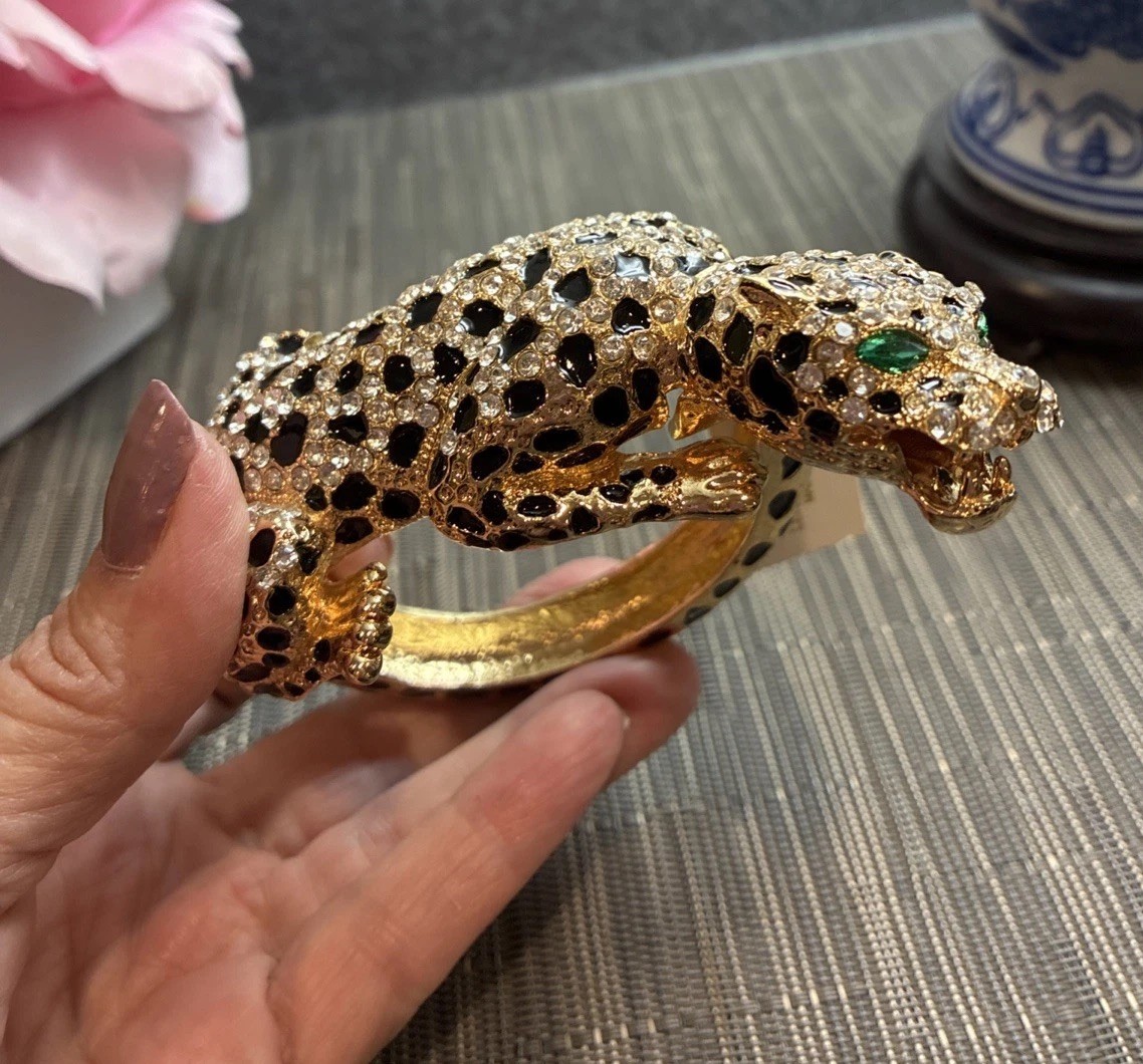 Natasha Gold Leopard Panther Cuff Bracelet Rhinestone, Enamel Green Eyes.