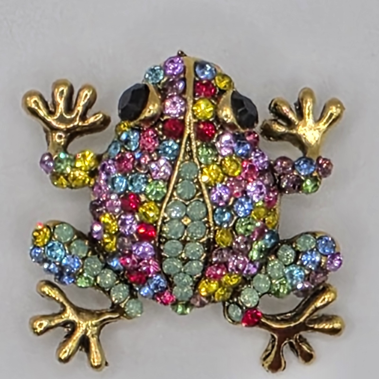 Gold Tone Multicolor Rhinestone Frog Brooch Pin Pendant Pavé Set 1.5 in