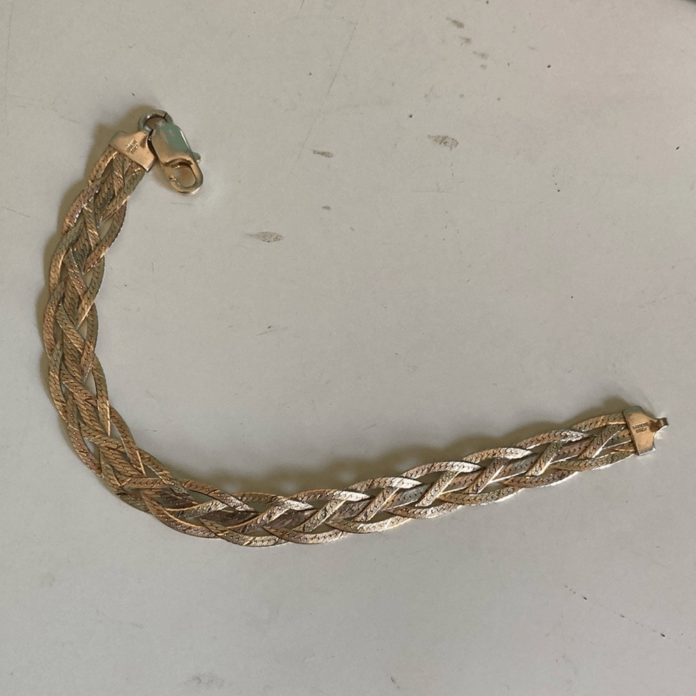Milor Gold Filled & 925 Silver Vintage Tri-Colored Braided Bracelet 7.5″ Italian