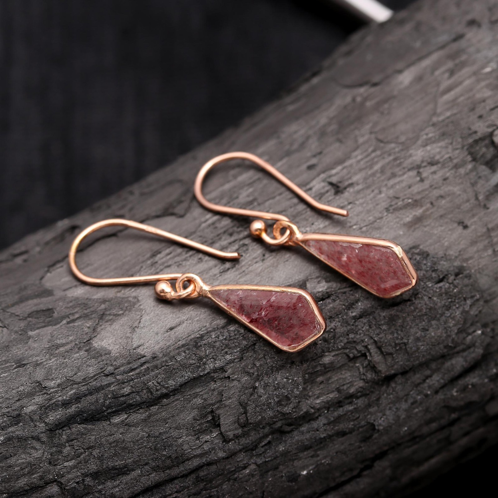 Natural Red Strawberry Kite Dangle Earrings Rose Gold Fill Solid Silver Jewelry