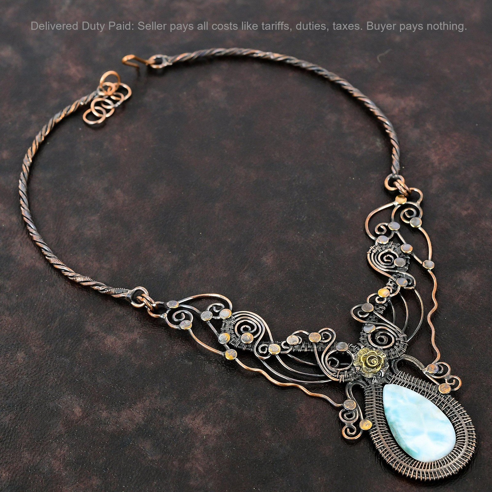 Christmas Deal Pear Larimar Gemstone Wire Wrapped Flower Chain Necklace Copper